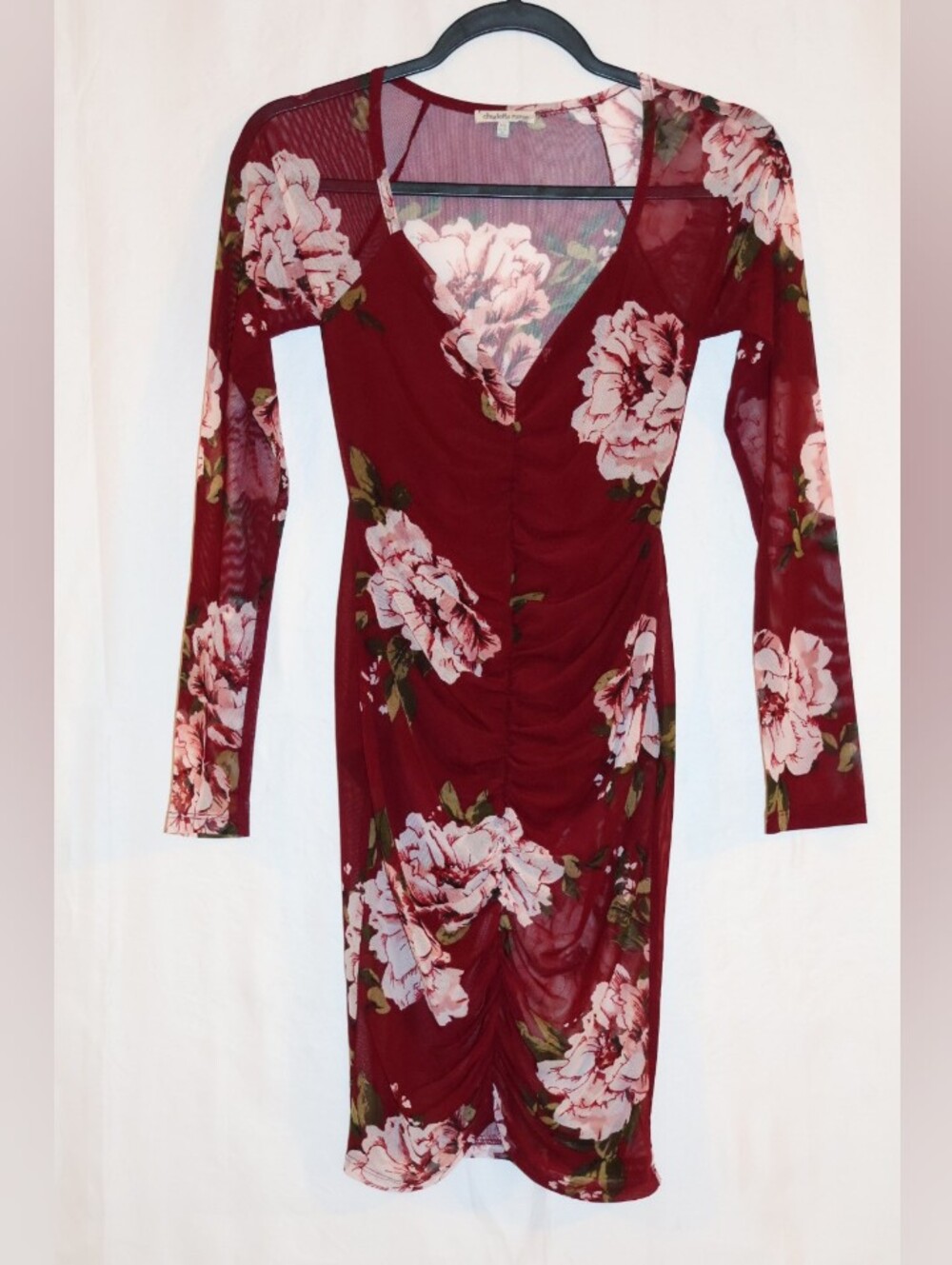 Charlotte Russe Burgundy Floral Mesh & Ruched Bodycon Long Sleeve Mini Dress.